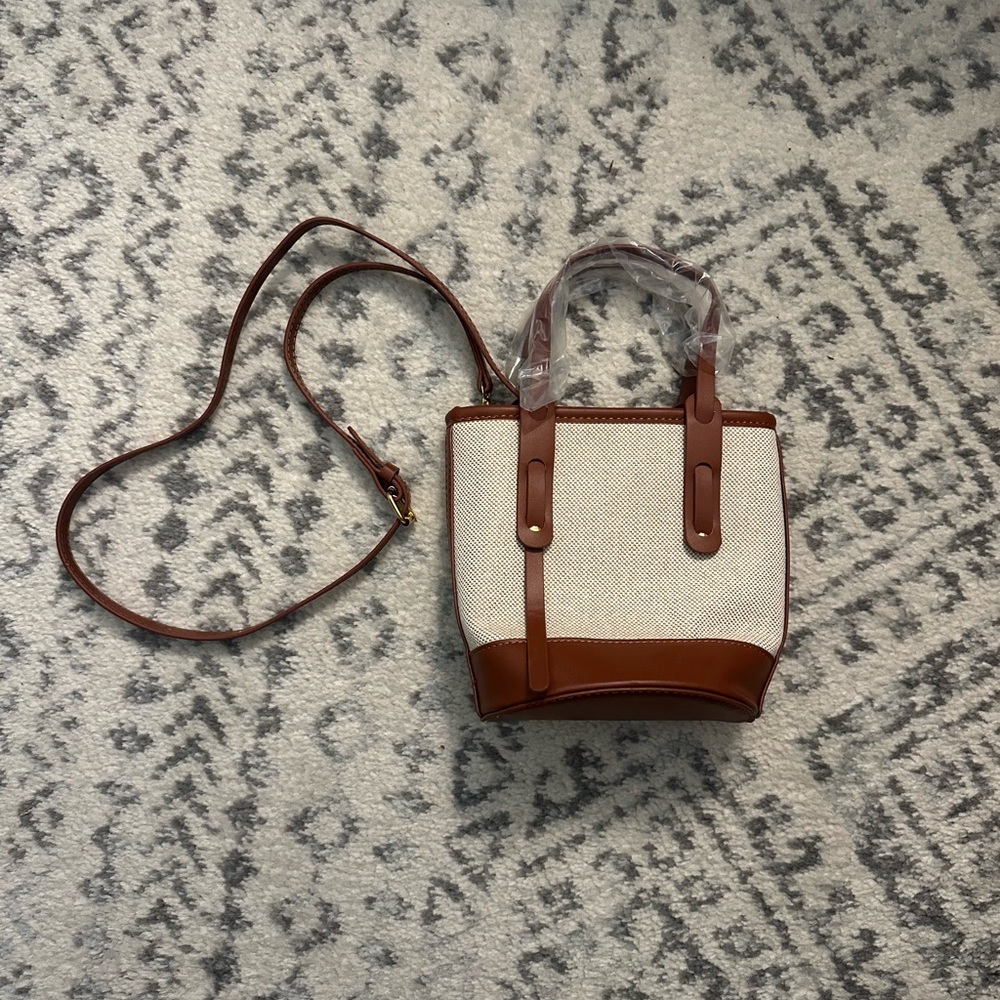 Canvas and Brown Leather Trim Mini Tote Bag or Crossbody - Women
